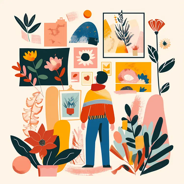 Person Observing Art Gallery with Floral Paintings
