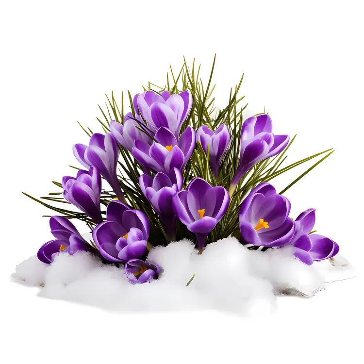 Cluster of Purple Crocuses in Snow