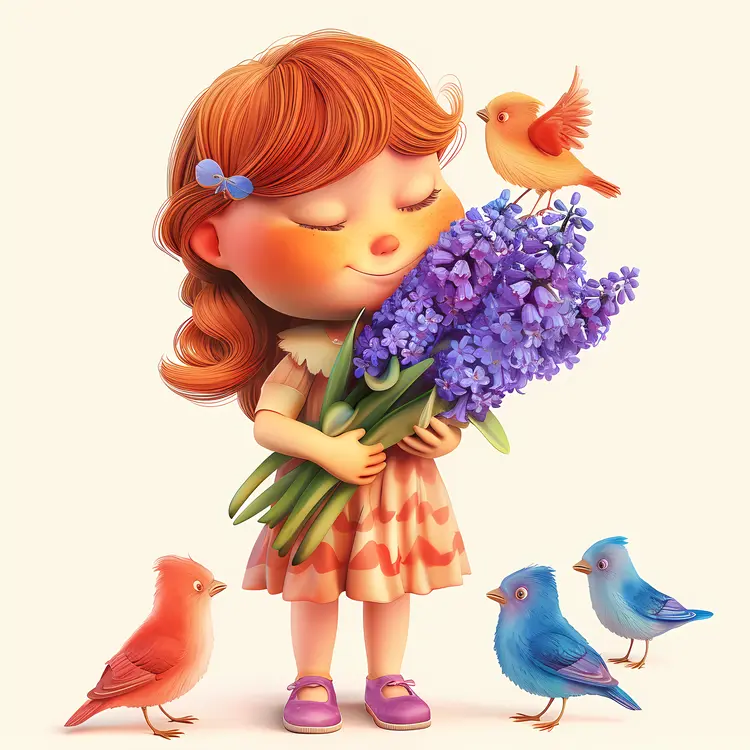Girl Holding Purple Flowers with Birds