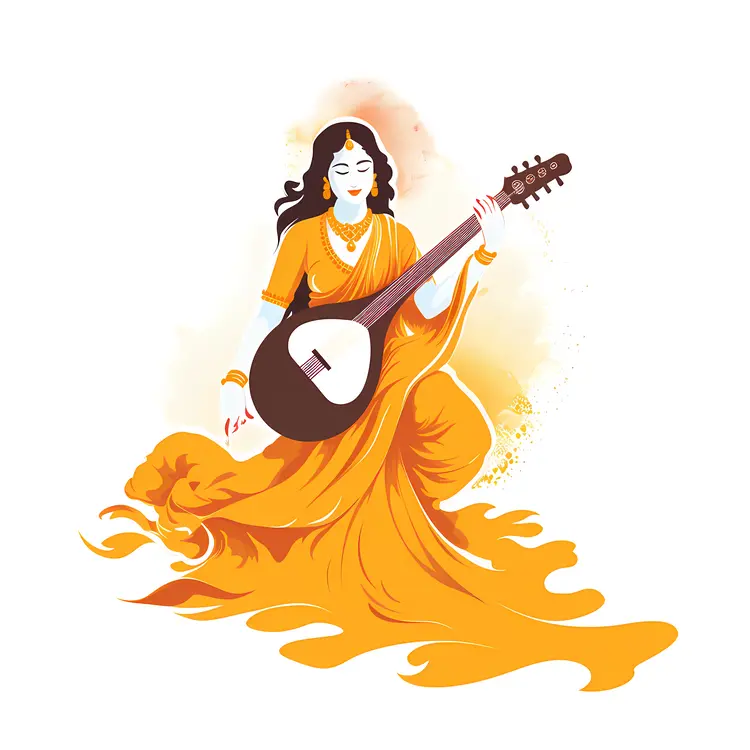 Divine Goddess Playing Veena with Flowing Yellow Attire