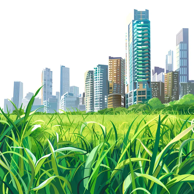 Cityscape with Green Grass in Foreground