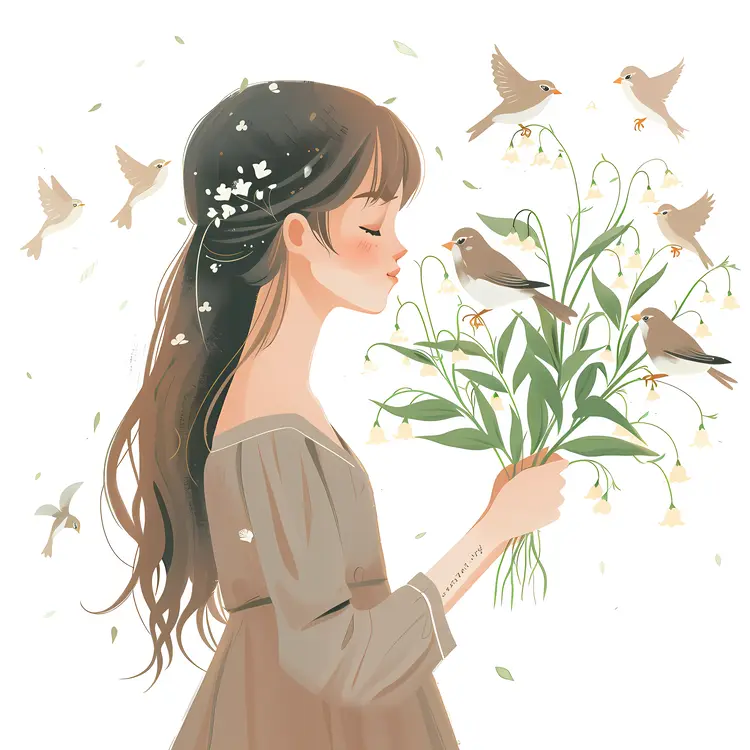 Girl with Flowers and Birds Illustration