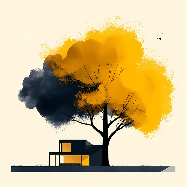 Contemporary House with Yellow and Black Tree