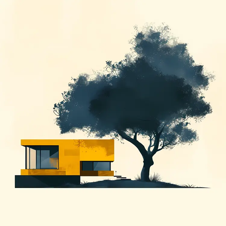 Minimalist House with Yellow and Black Tree