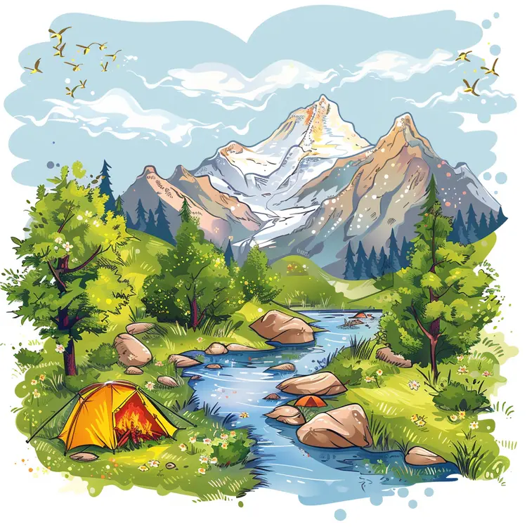 Camping Tent by River in Mountain Landscape