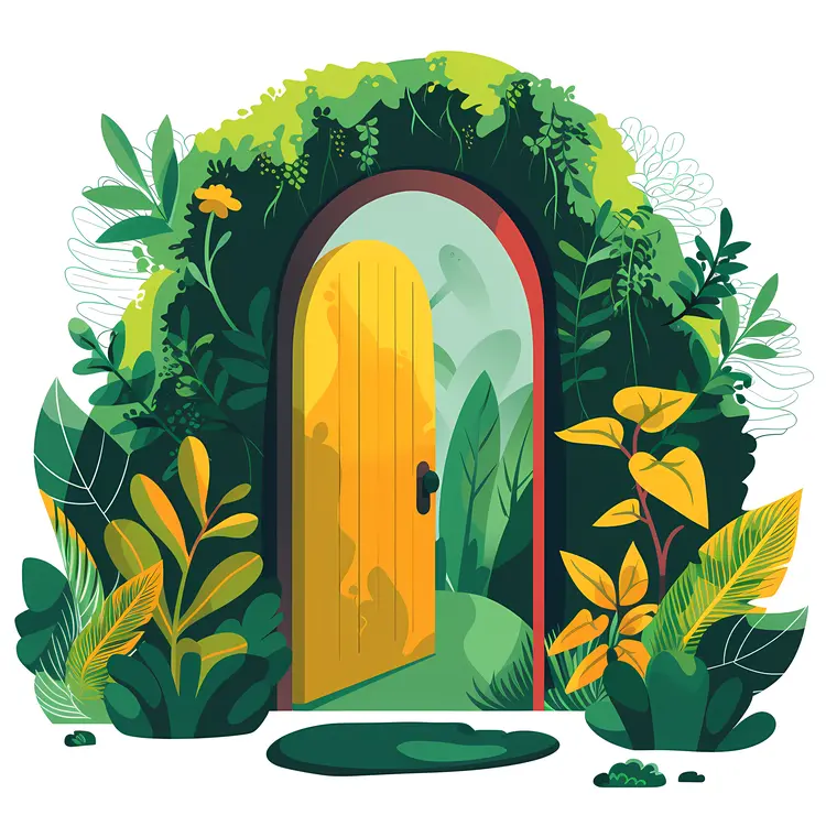 Yellow Door with Plants in a Bright Garden