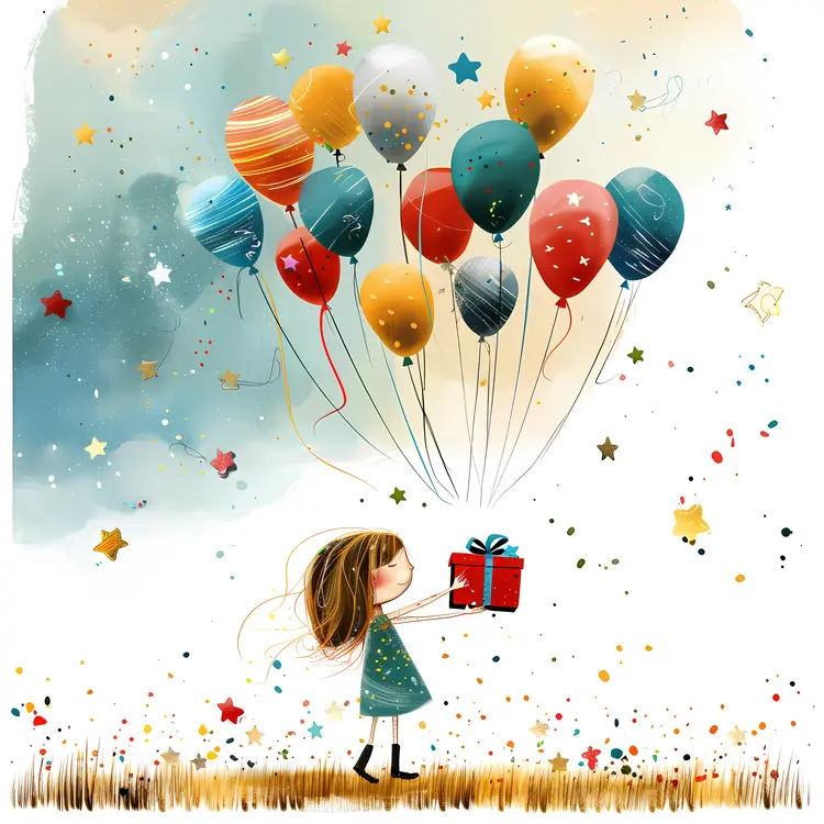 Girl with Balloons and Gift