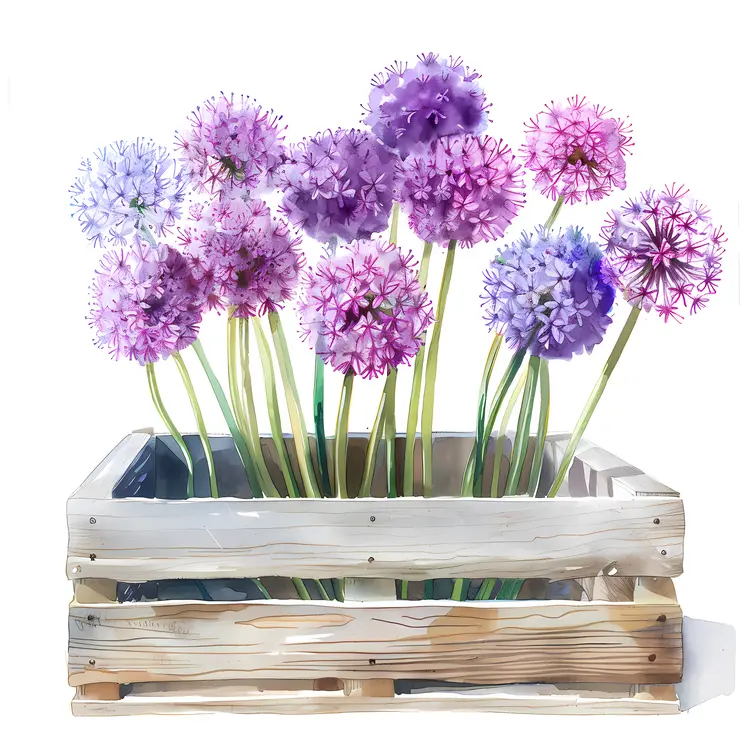Purple Allium Flowers in Wooden Crate