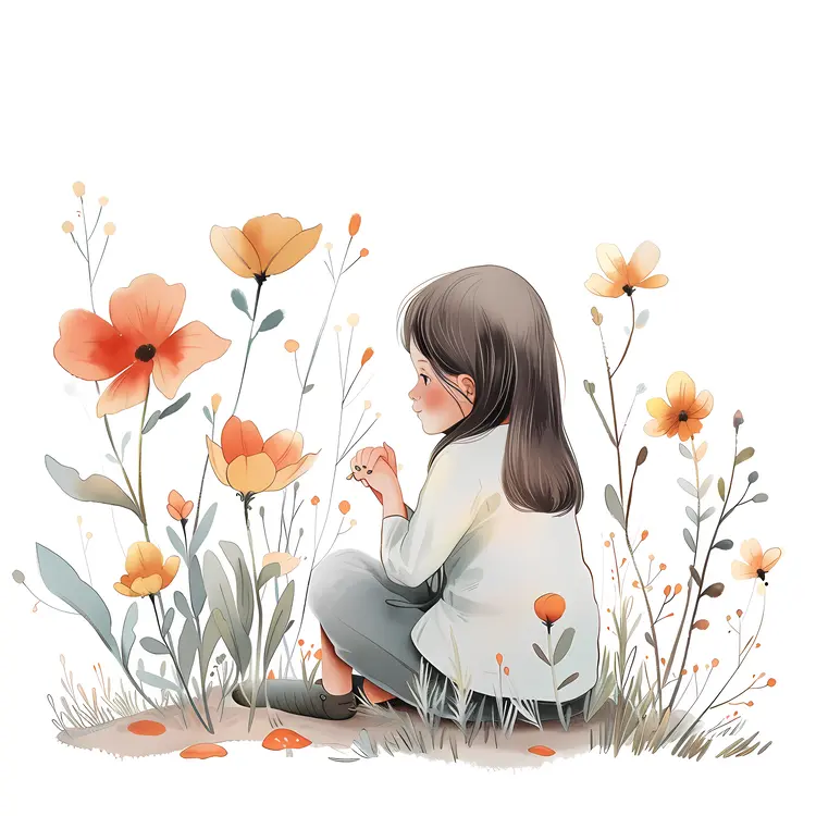 Girl with Flowers in a Garden