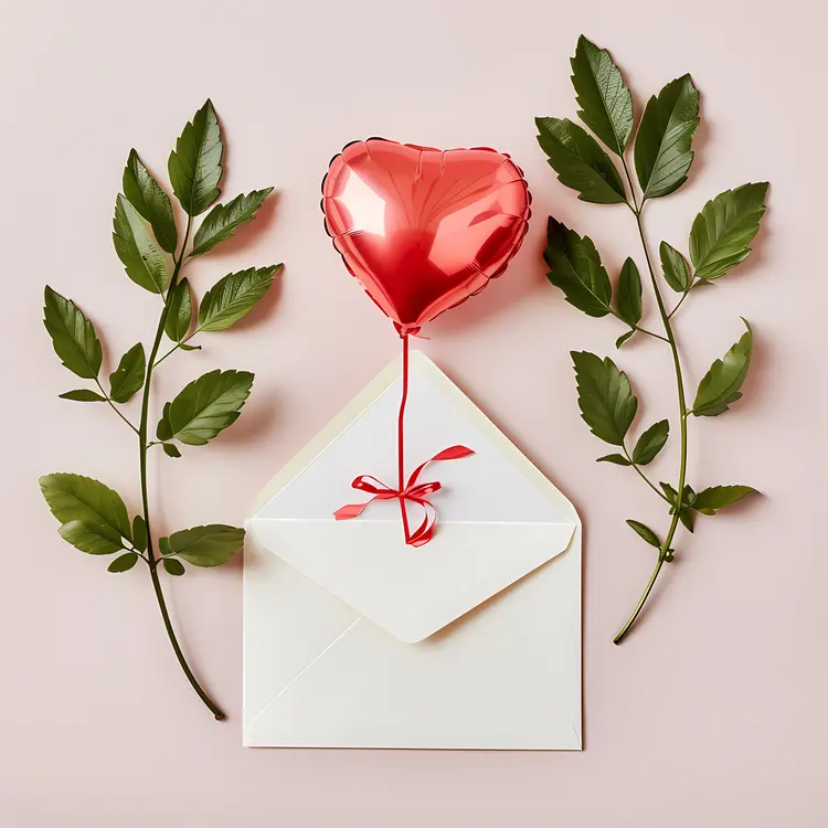 Heart Balloon and Envelope with Leaves and Ribbon