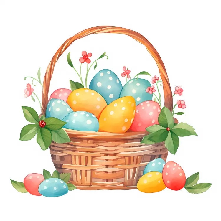 Colorful Easter Basket with Eggs and Flowers