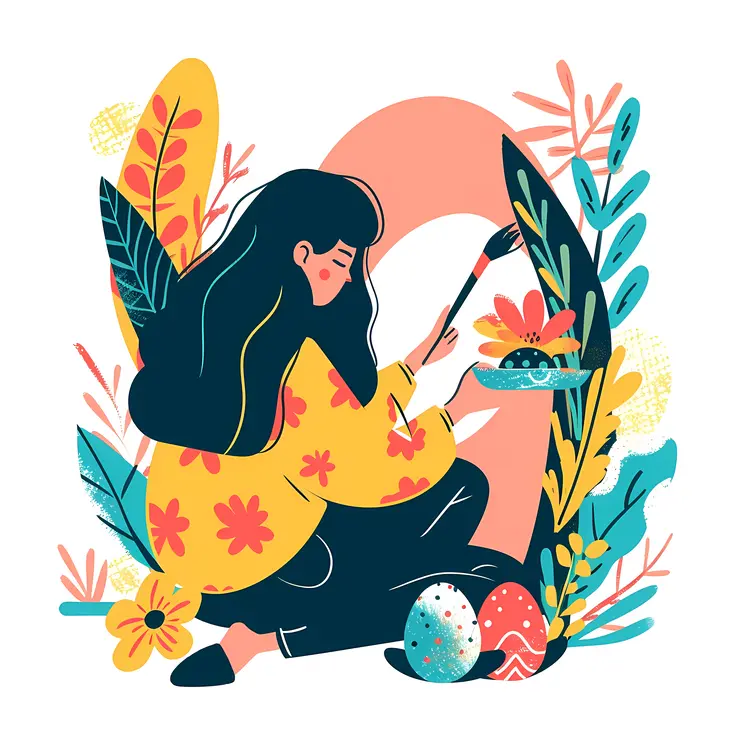Girl Painting Colorful Easter Eggs
