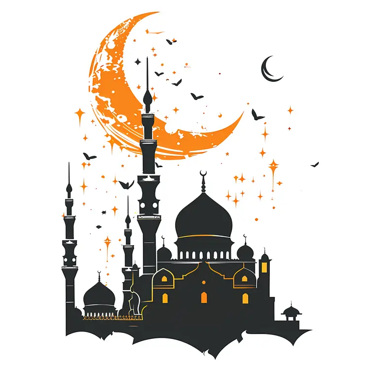 Mosque Silhouette with Moon and Stars
