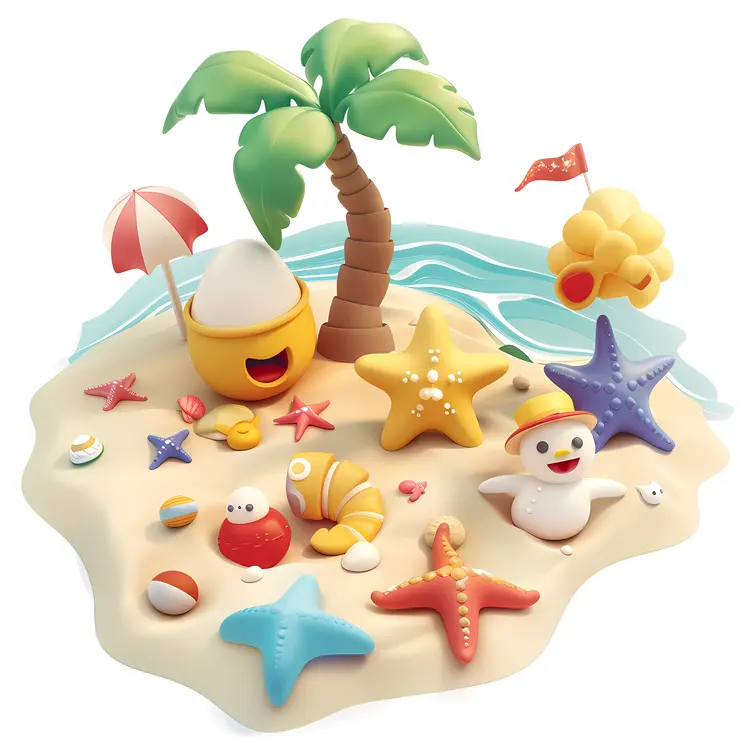 Cute Beach Scene with Palm Trees and Children