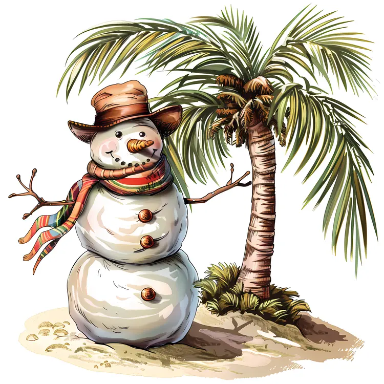 Snowman and Palm Tree on a Tropical Beach