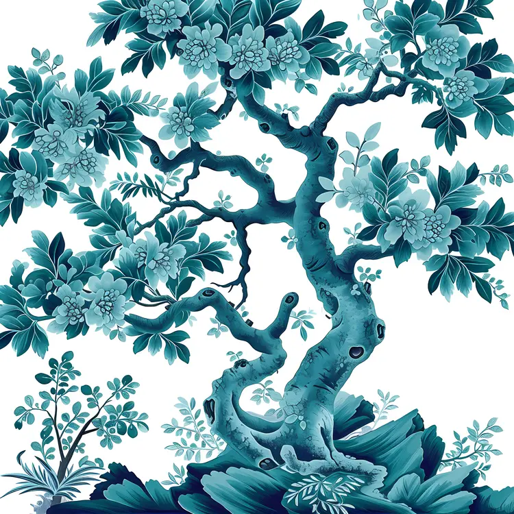 Blue Tree with Flowers in Artistic Style