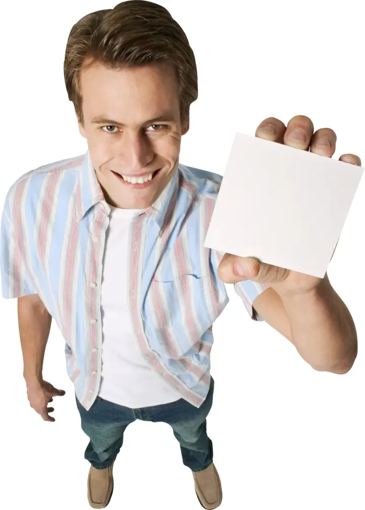 Smiling Man Holding Blank Card
