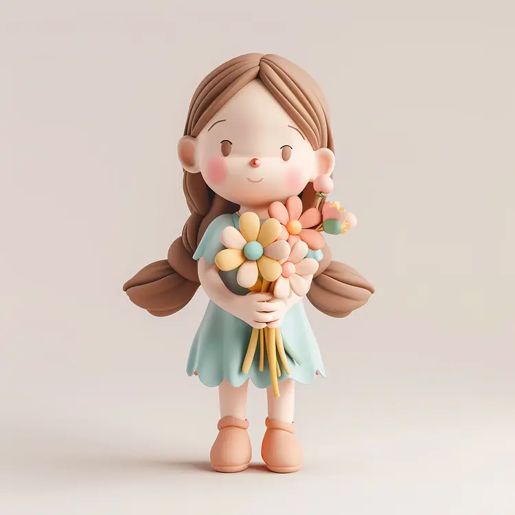 Clay Girl Holding a Bouquet of Flowers