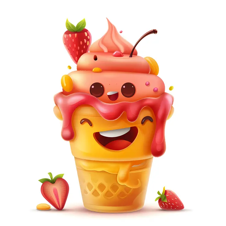 Cute Ice Cream Cone with Strawberry and Cherry