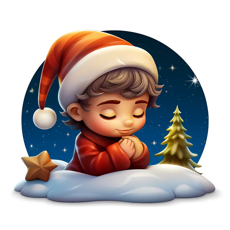 Praying Child with Santa Hat and Christmas Tree
