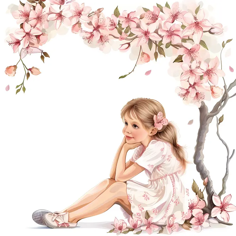 Girl Sitting with Pink Blossoms