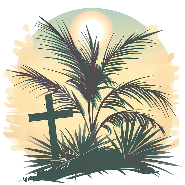 Palm Sunday Cross with Palm Leaves and Sun