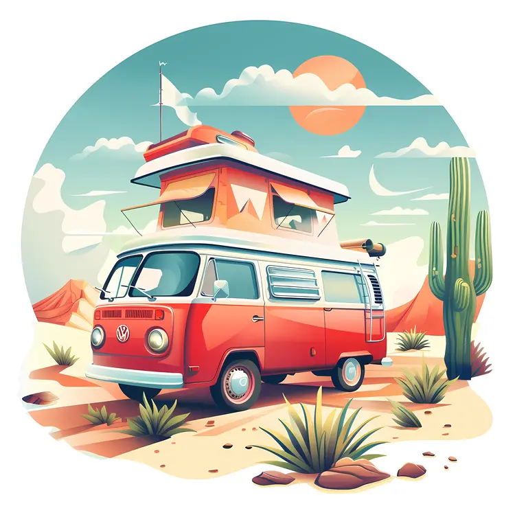 Red Camper Van in Desert Landscape