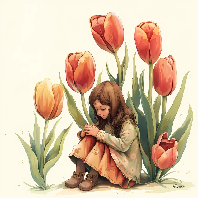 Girl Sitting with Tulips Illustration