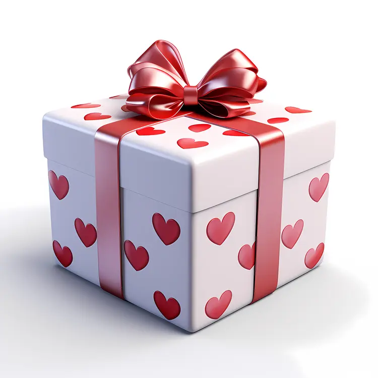 Square Gift Box with Heart Pattern and Red Ribbon for Valentine's Day