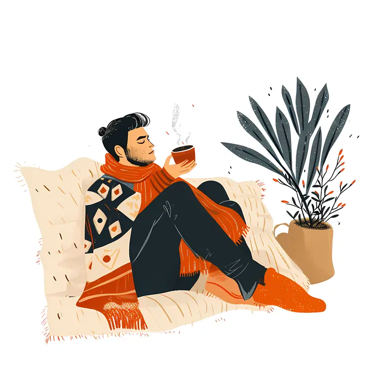 Cozy Man with Cup and Plants