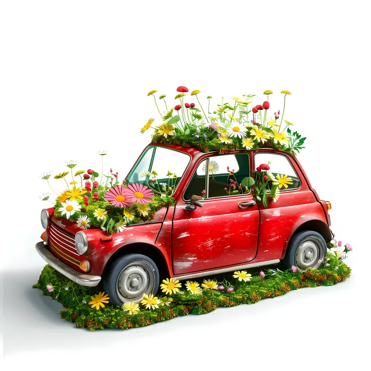 Red Car with Flowers and Grass