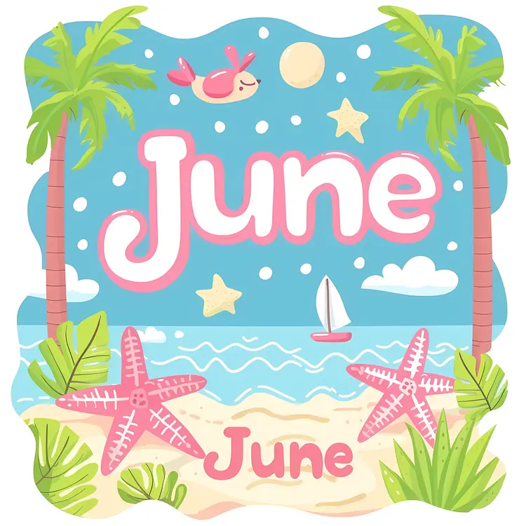 June with Beach and Palm Trees