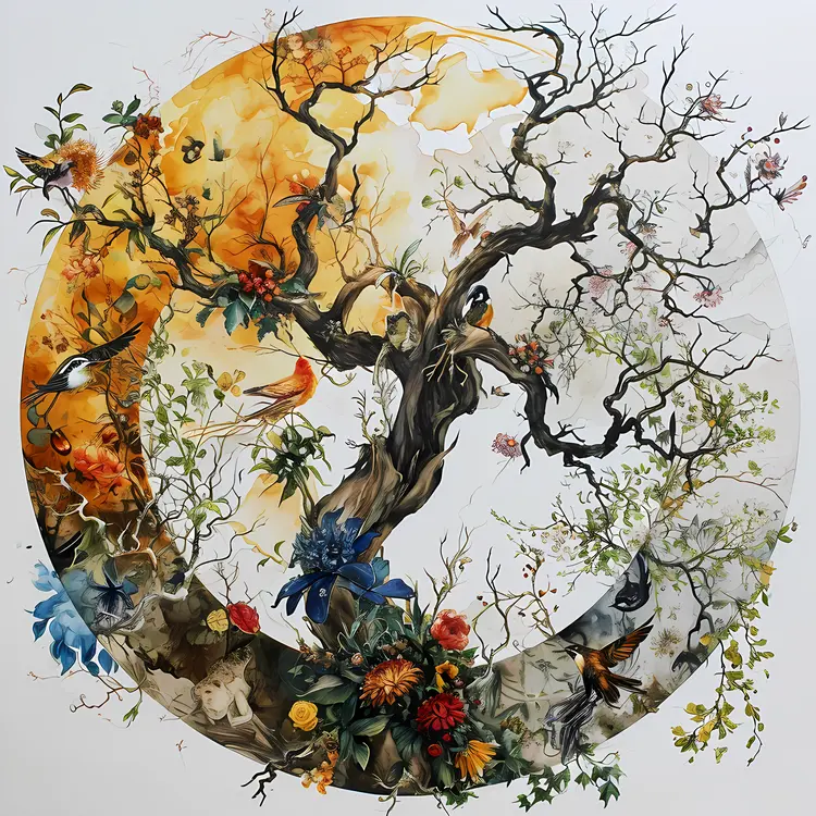 Tree with Birds and Flowers in Circular Art