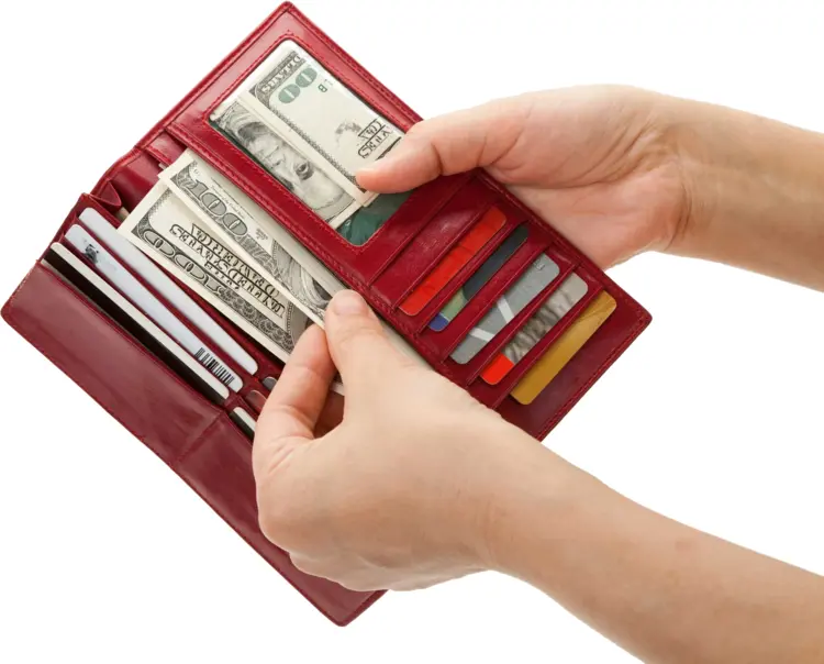 Red Leather Wallet with Money and Credit Cards