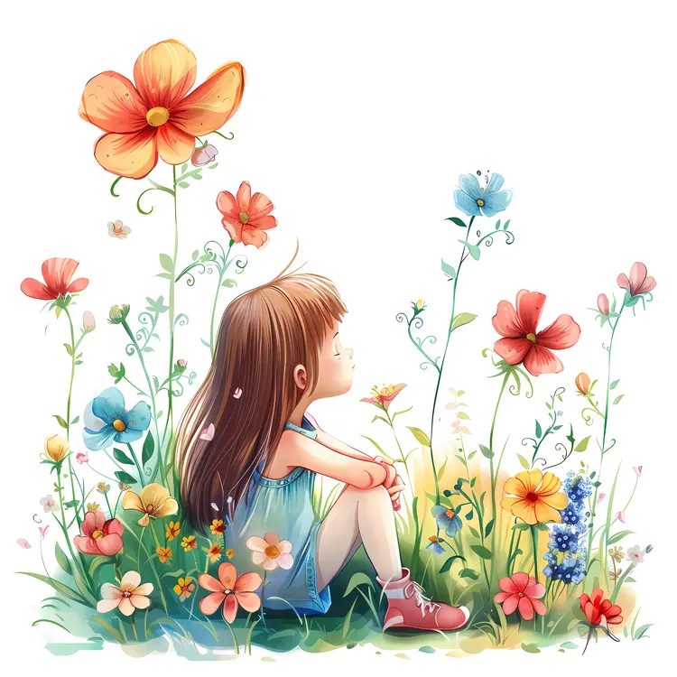 Girl Sitting in a Flower Field