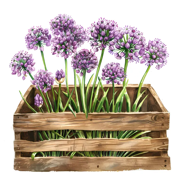 Purple Allium Flowers in a Wooden Crate