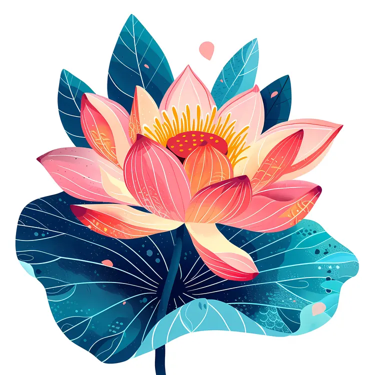 Colorful Lotus Flower with Pink Petals and Green Leaves