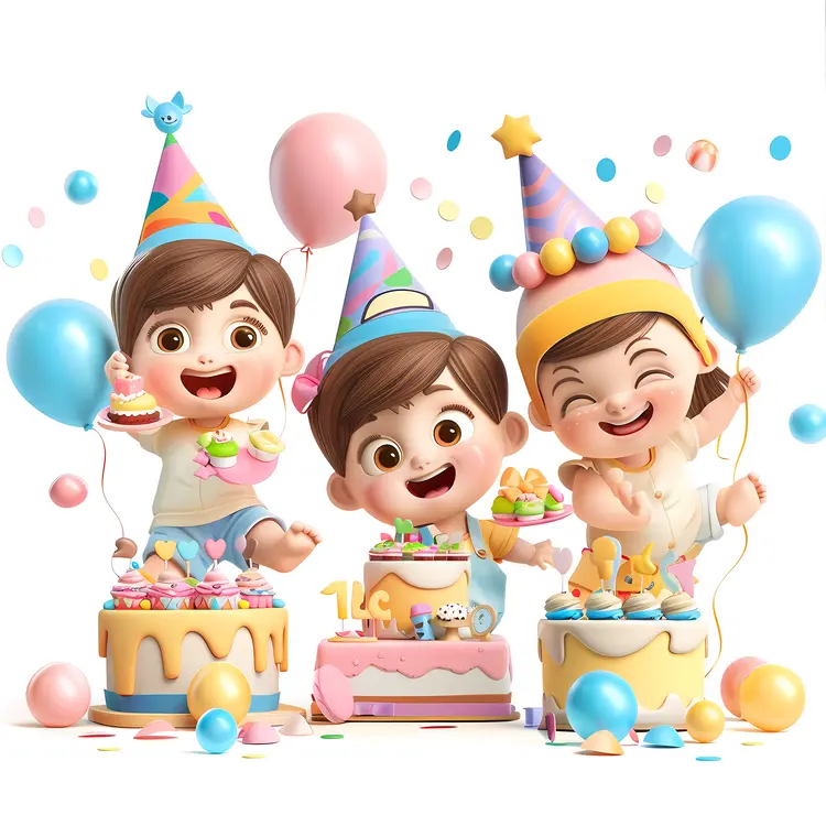 Three Happy Kids with Birthday Cakes