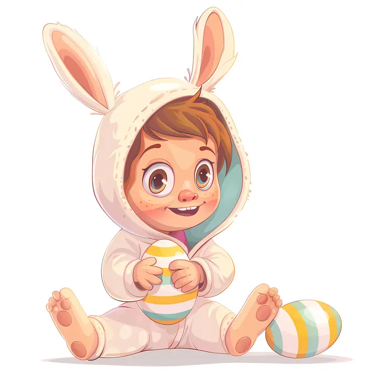 Cute Baby in White Bunny Costume Holding an Egg