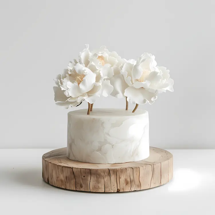 Minimalist White Flower Cake on Wooden Stand