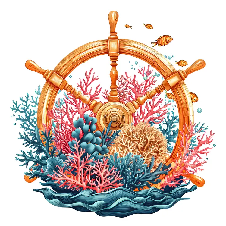 Ship Wheel with Coral and Fish