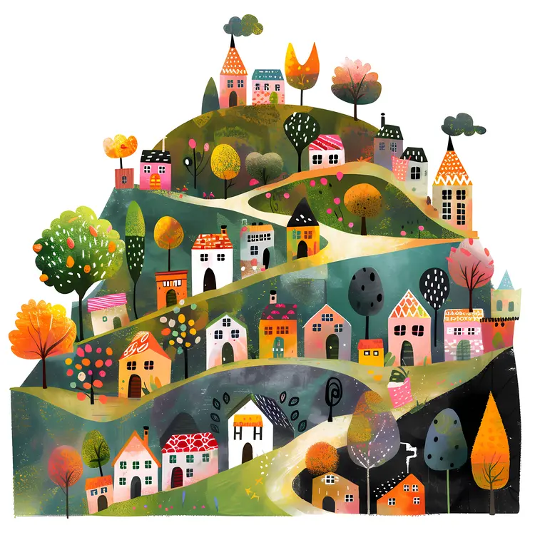 Colorful Doodle Houses on Hill