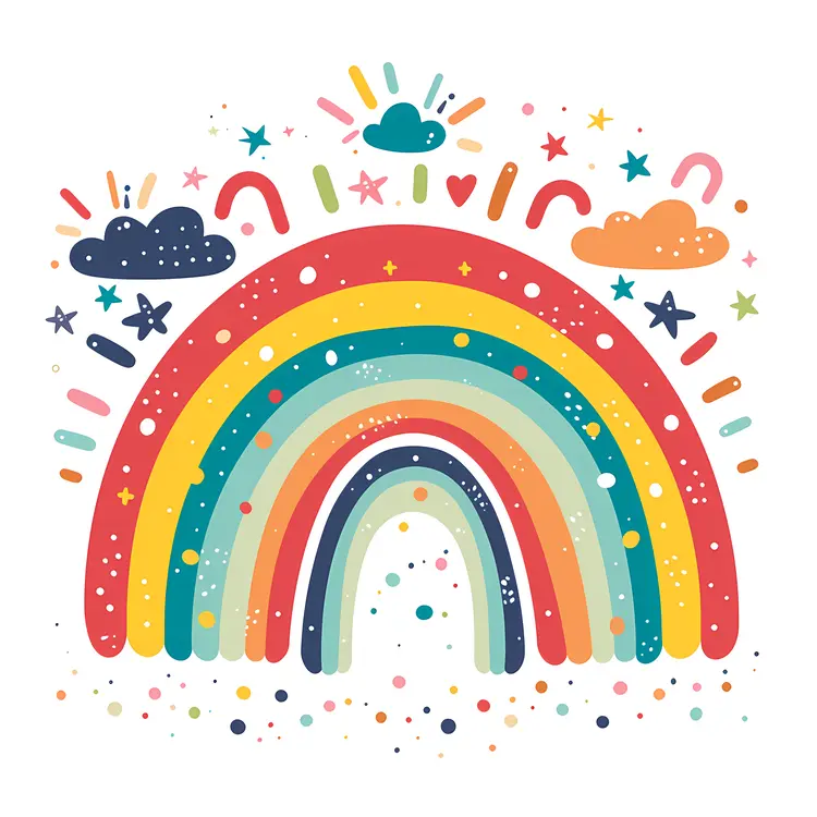 Whimsical Rainbow with Clouds and Stars