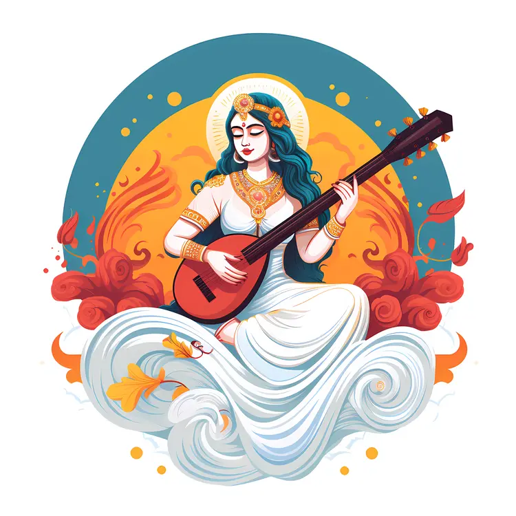 Woman Playing Guitar with Cloud Background Illustration