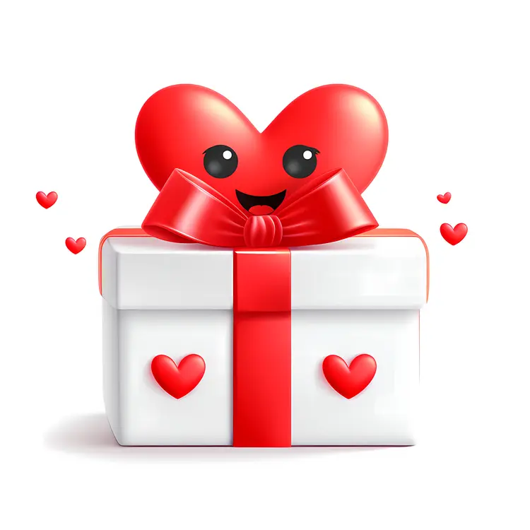 White Gift Box with Red Hearts and Ribbon