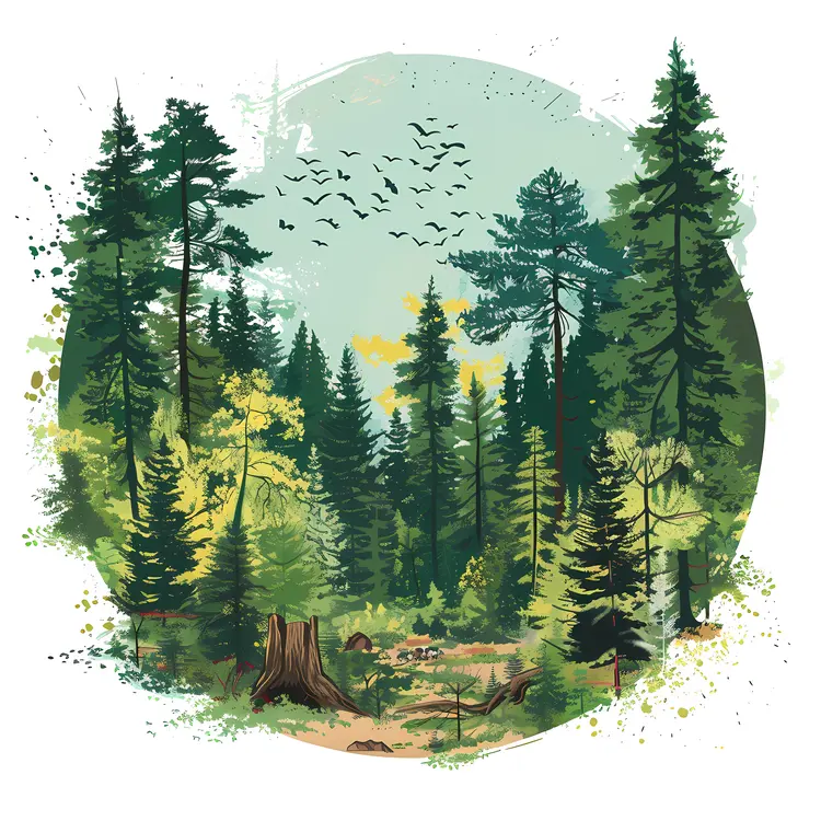 Forest with Flying Birds Art