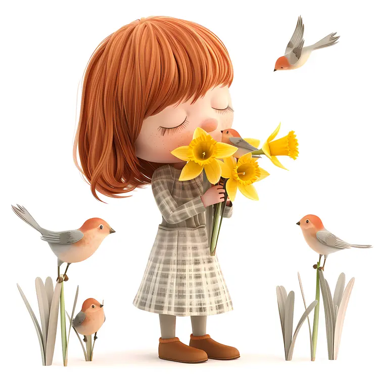 Girl Holding Daffodils with Birds
