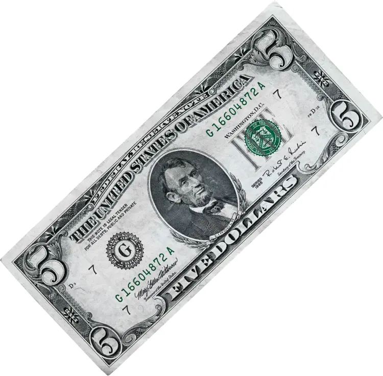 Five Dollar Bill on Transparent Background