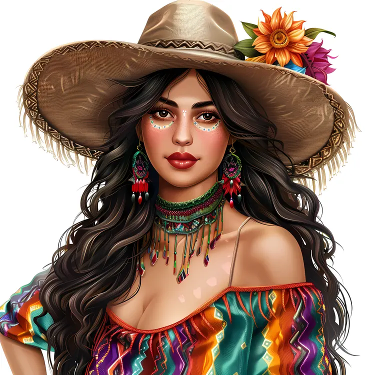 Beautiful Woman in Colorful Dress and Hat