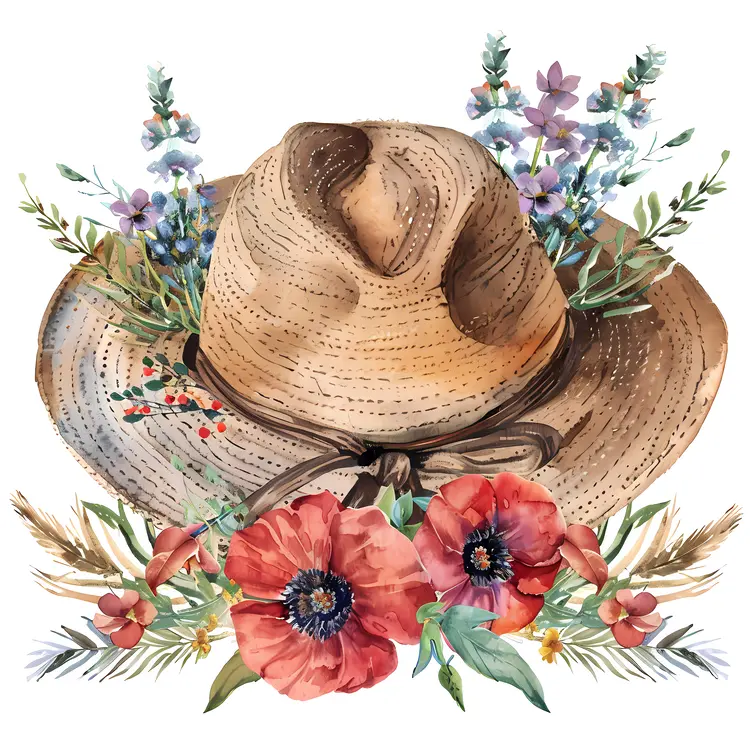 Brown Hat with Red Flowers and Lavender